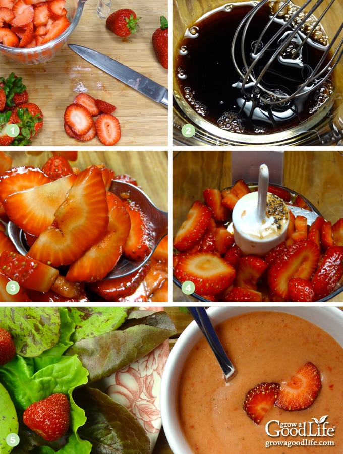 photos showing the steps to making strawberry vinaigrette