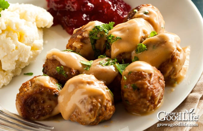 photo of a plate of Swedish meatballs, mashed potatoes, and cranberry sauce on a table