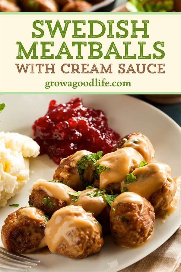 photo of a plate of Swedish meatballs, mashed potatoes, and cranberry sauce on a table