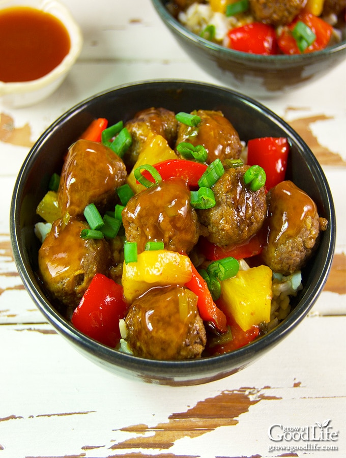 If you love sweet and sour sauce, you are going to love this orange and pineapple combination. It pairs well with the hardy flavor of ground beef meatballs seasoned with garlic, ginger, and Chinese five-spice powder.