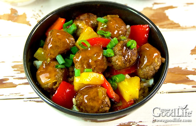 If you love sweet and sour sauce, you are going to love this orange and pineapple combination. It pairs well with the hardy flavor of ground beef meatballs seasoned with garlic, ginger, and Chinese five-spice powder.