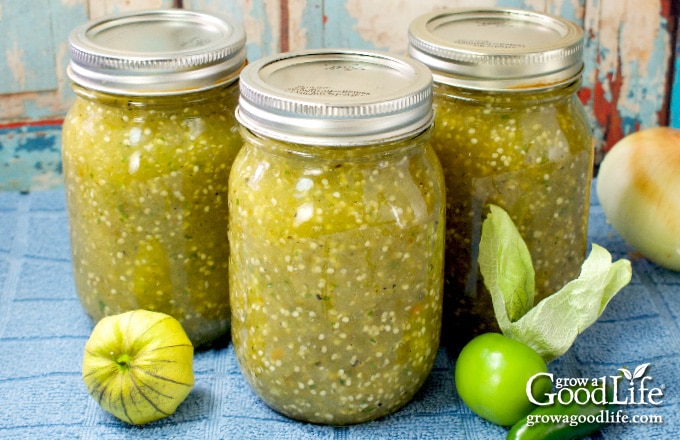 jars of tomatillo salsa verde on a table