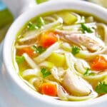 closeup photo of turkey noodle soup in a white bowl