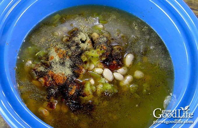 White Bean Chicken Chili Ingredients in Slow Cooker