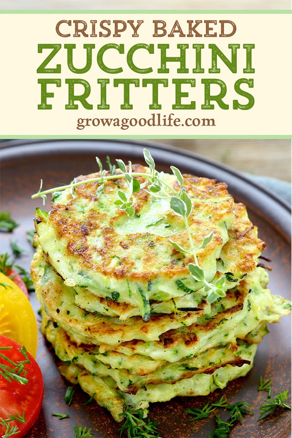 zucchini fritters on a brown plate with text overlay