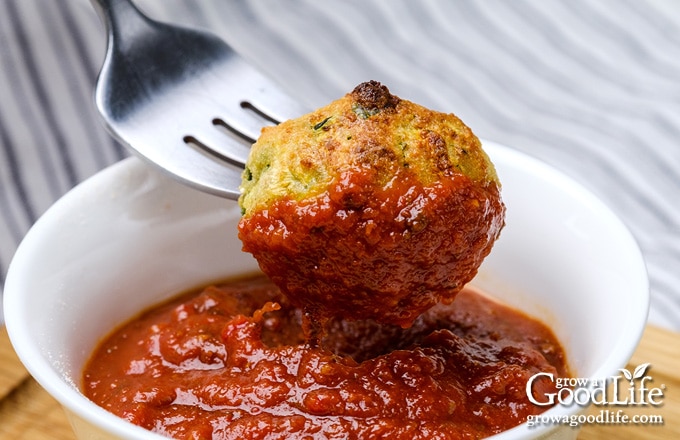 dipping zucchini garlic bites in tomato sauce